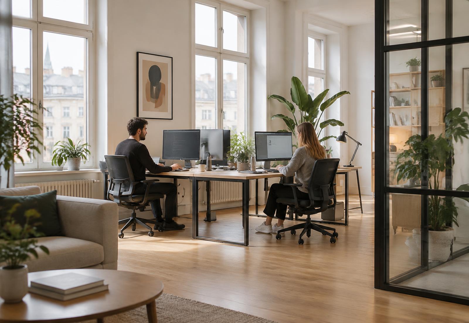 Helles Büro mit zwei Personen bei konzentrierter Arbeit (Symbolbild)